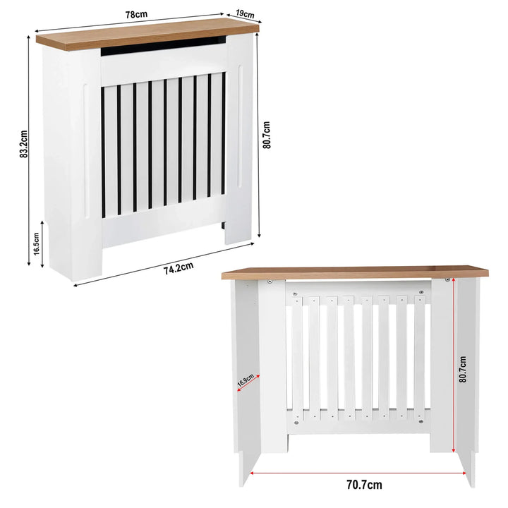 [Small | White] Radiator Cover Small dimensions showing 78cm width, 83.2cm height, and 16.9cm internal depth from front