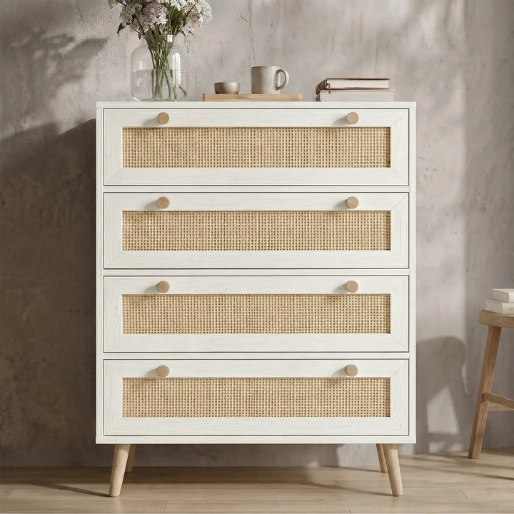 [White] Woven Rattan 4 Drawer Chest of Drawers, White straight-on view highlighting its woven rattan panels and wooden knobs.