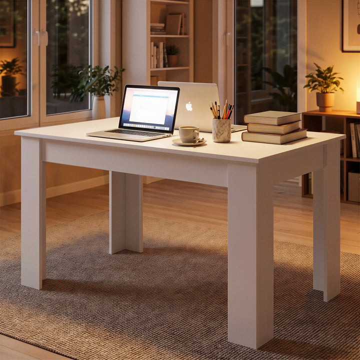 [120 cm | White] 4 and 6 Seater Dining Table Rectangle styled as a modern study desk at night with laptops and books under cozy lighting.
