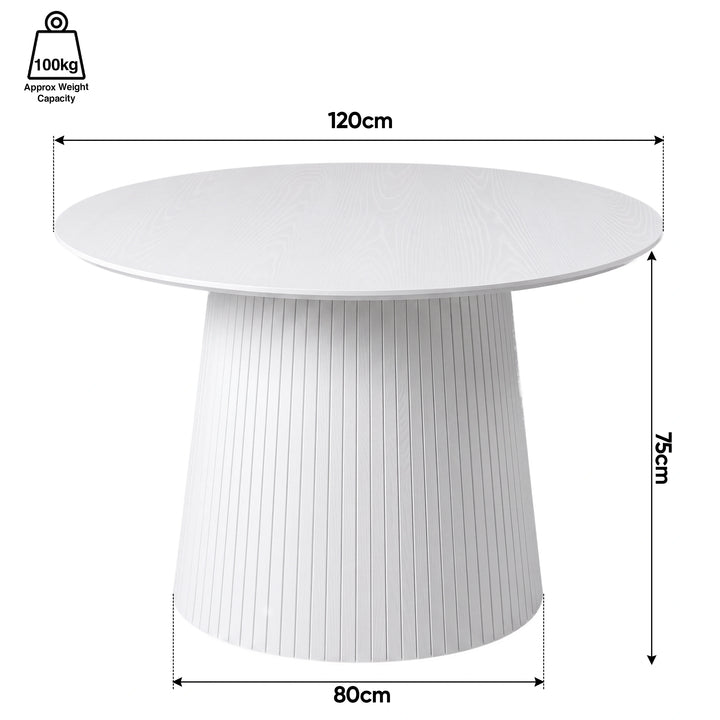 [White] Round dining table dimensions: 120cm diameter x 75H; 80cm base; 100kg capacity