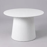 [White] 120cm round pedestal dining table with tapered slatted pedestal base in a studio shot