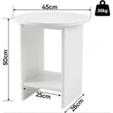 [White] Small Round Side Table with Shelf Living Room dimensions diagram showing 45cm diameter top, 50cm height, 28cm depth and 30kg weight capacity