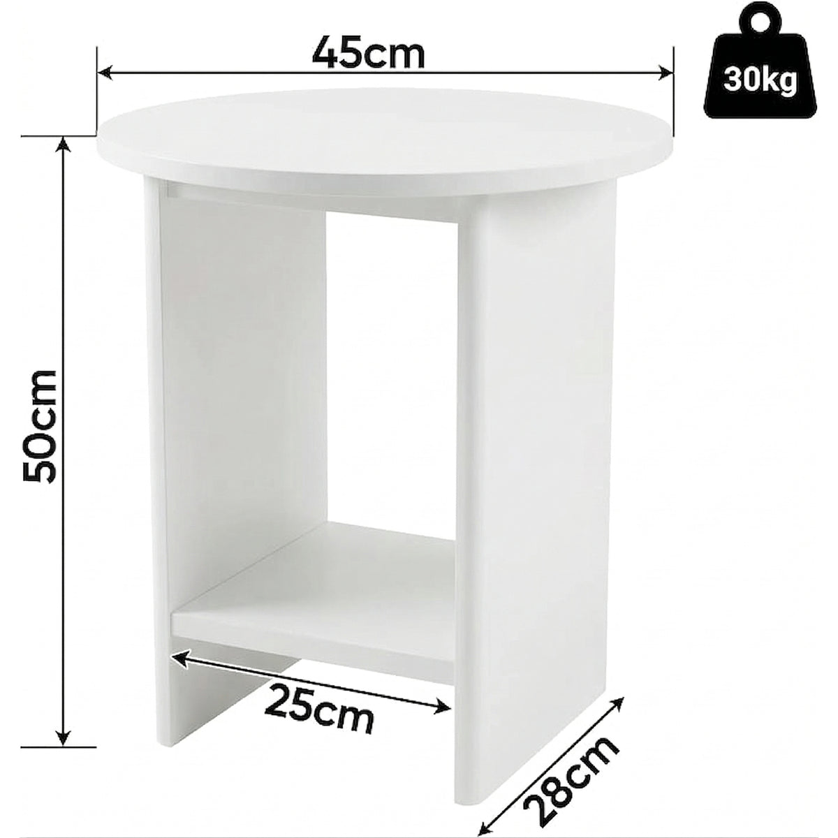 [White] Small Round Side Table with Shelf Living Room dimensions diagram showing 45cm diameter top, 50cm height, 28cm depth and 30kg weight capacity