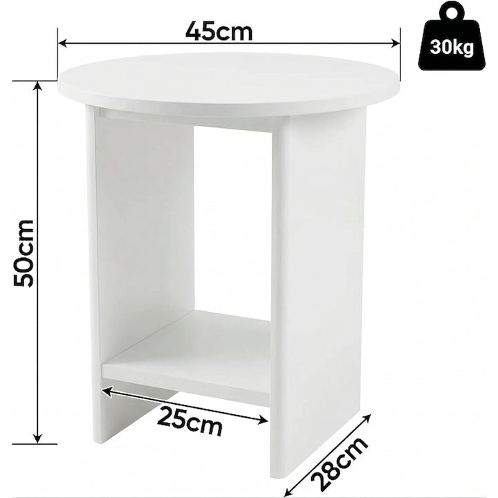 [White] Small Round Side Table with Shelf Living Room dimensions diagram showing 45cm diameter top, 50cm height, 28cm depth and 30kg weight capacity