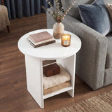 [White] Small Round Side Table with Shelf Living Room overhead angled view showing circular top surface with books and candle and lower shelf with folded throws