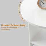 [White] Small Round Side Table with Shelf Living Room detail infographic highlighting the smooth rounded tabletop edge profile with safety callout graphic