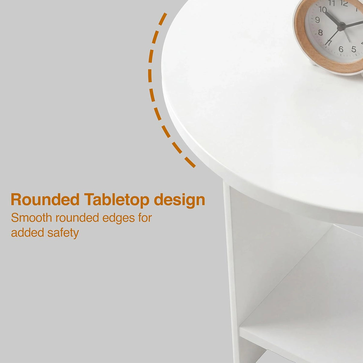 [White] Small Round Side Table with Shelf Living Room detail infographic highlighting the smooth rounded tabletop edge profile with safety callout graphic