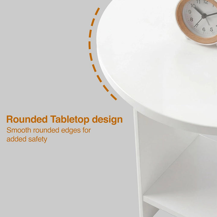 [White] Small Round Side Table with Shelf Living Room detail infographic highlighting the smooth rounded tabletop edge profile with safety callout graphic