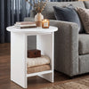 [White] Small Round Side Table with Shelf Living Room beside grey sofa with books and lit candle on top and folded throws stored on lower shelf