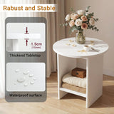 [White] Small Round Side Table with Shelf Living Room infographic highlighting 15mm thickened tabletop construction and waterproof wipe-clean surface finish