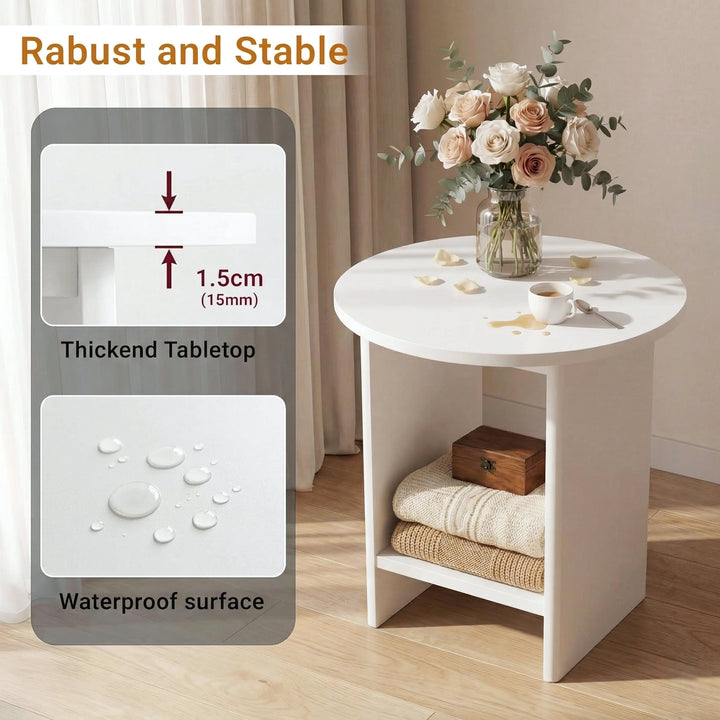 [White] Small Round Side Table with Shelf Living Room infographic highlighting 15mm thickened tabletop construction and waterproof wipe-clean surface finish