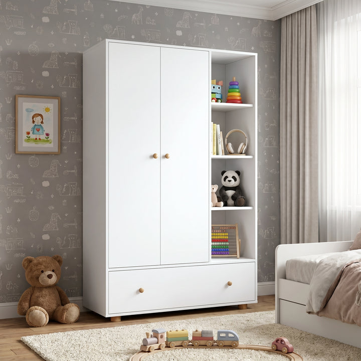 [White] Selby wardrobe angled lifestyle view showing two-door section, open shelves with books and storage basket, and large drawer