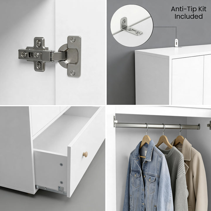 [White] Selby wardrobe detail showing soft-close hinges, anti-tip wall kit, bottom drawer open, and hanging rail with jackets