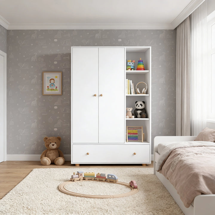[White]  Children's room with a white wardrobe, teddy bear, and toys on a light gray wall.