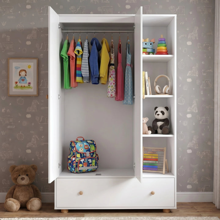[White] Selby wardrobe interior open showing hanging rail with clothes, open shelves with bags and accessories, and bottom drawer