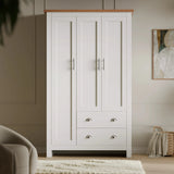 [White] shaker 3 door wardrobe with oak top panel doors t-bar handles and 2 cup drawers