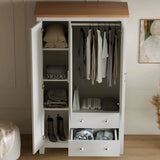 [White] wardrobe interior with 4 left shelves full hanging rail and 2 bottom drawers open