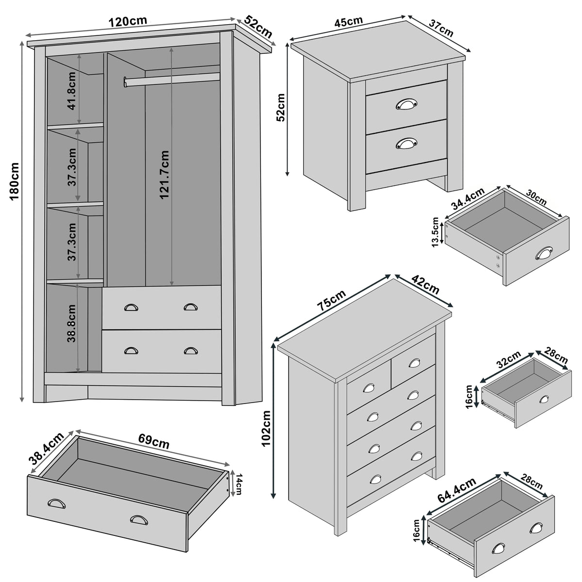 [White] bedroom set dimensions: wardrobe 120x52x180cm chest 75x42x102cm bedside 45x37x52cm