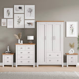 [White] 4 piece bedroom set styled against grey wall with gallery art and decor