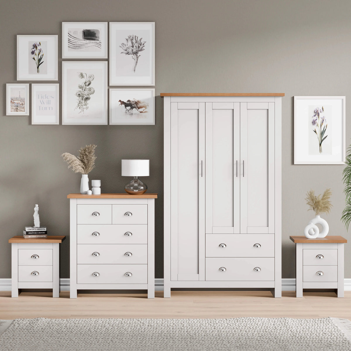 [White] 4 piece bedroom set styled against grey wall with gallery art and decor