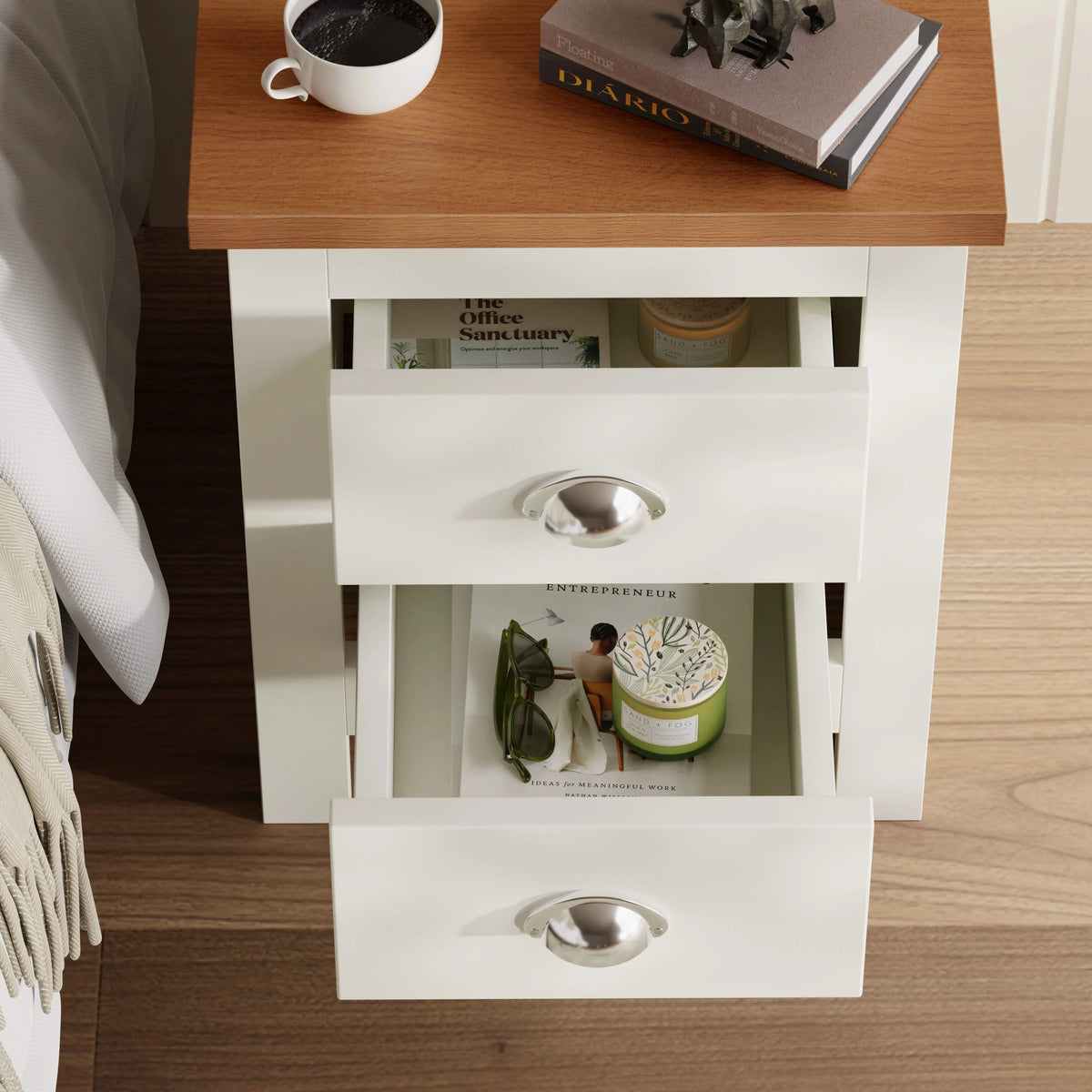 [White] 2 drawer bedside open from above showing oak top and drawer depth