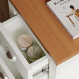 [White] white shaker bedside top corner detail open drawer with candles and book resting on oak surface
