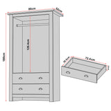 [White] Shaker double wardrobe diagram: 86 x 52 x 180 cm, hanging height 126.4 cm, drawer 72.4 x 38.5 x 14