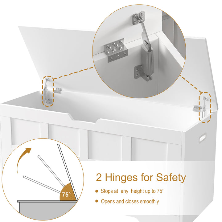 [White] Storage Chest - Shaker Style Blanket or Toy Box With Lid & Safety Hinges shown open with close-up of dual safety hinges that stop at 75° for secure use.