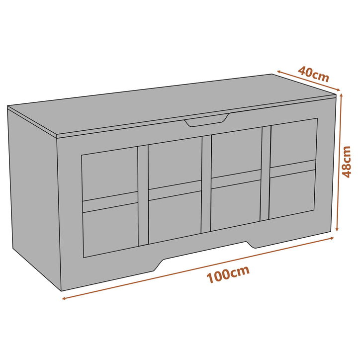 [White] White storage bench with dimensions labeled on a white background