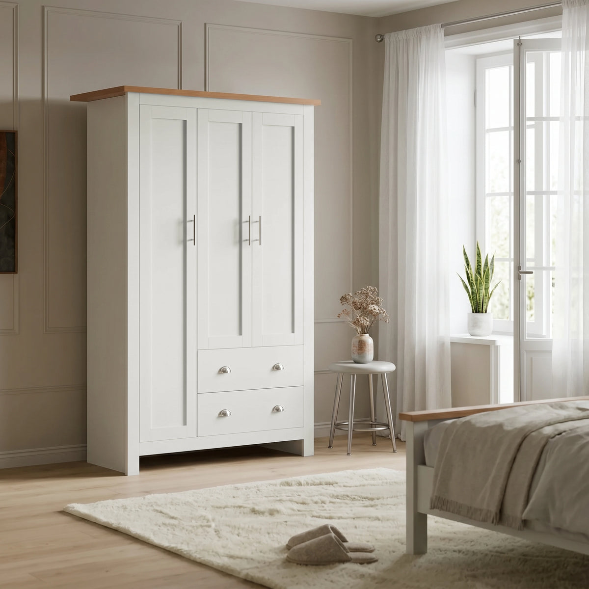 [White] Shaker Triple Wardrobe With Drawers And Shelves closed showing three white doors and an oak wood top.