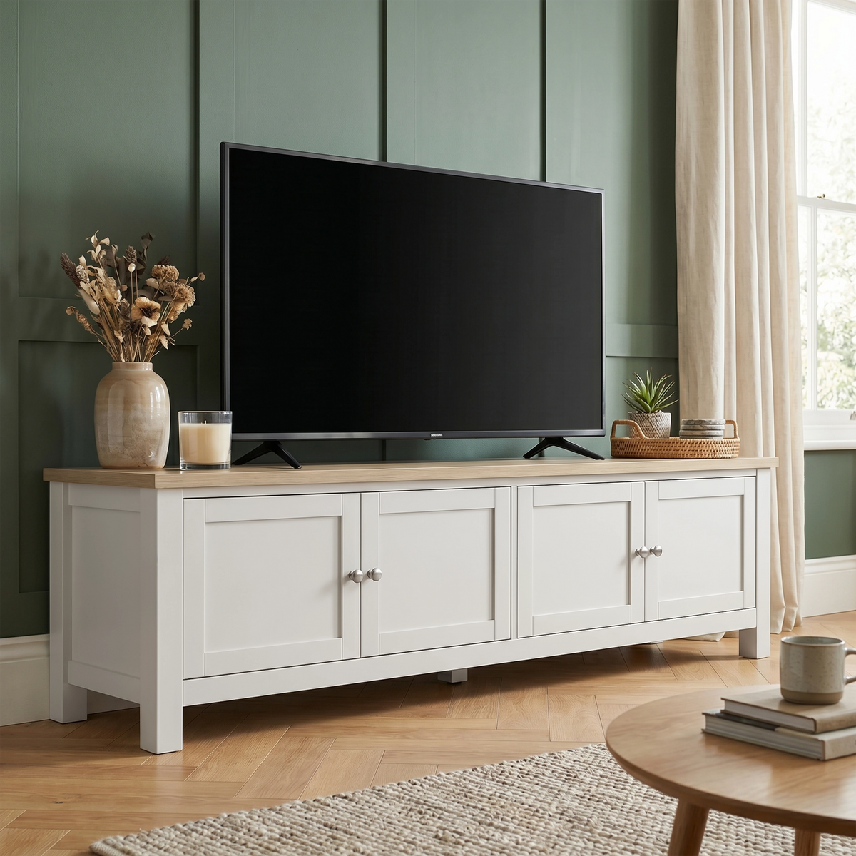 [White] Shaker TV unit 180cm in lifestyle room with TV, botanical plant, wooden floor setting