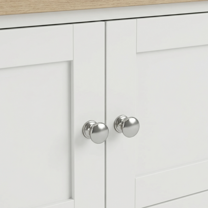 [White] Shaker TV unit 180cm silver metallic round knob handles close-up on white panelled doors