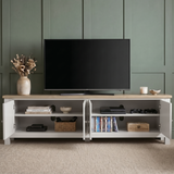 [White] shaker TV unit 180cm with doors open showing interior shelving and storage, TV on top
