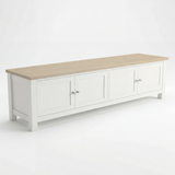 [White] Shaker TV unit 180cm front view on white background, 3 cabinet doors and open shelf, oak top