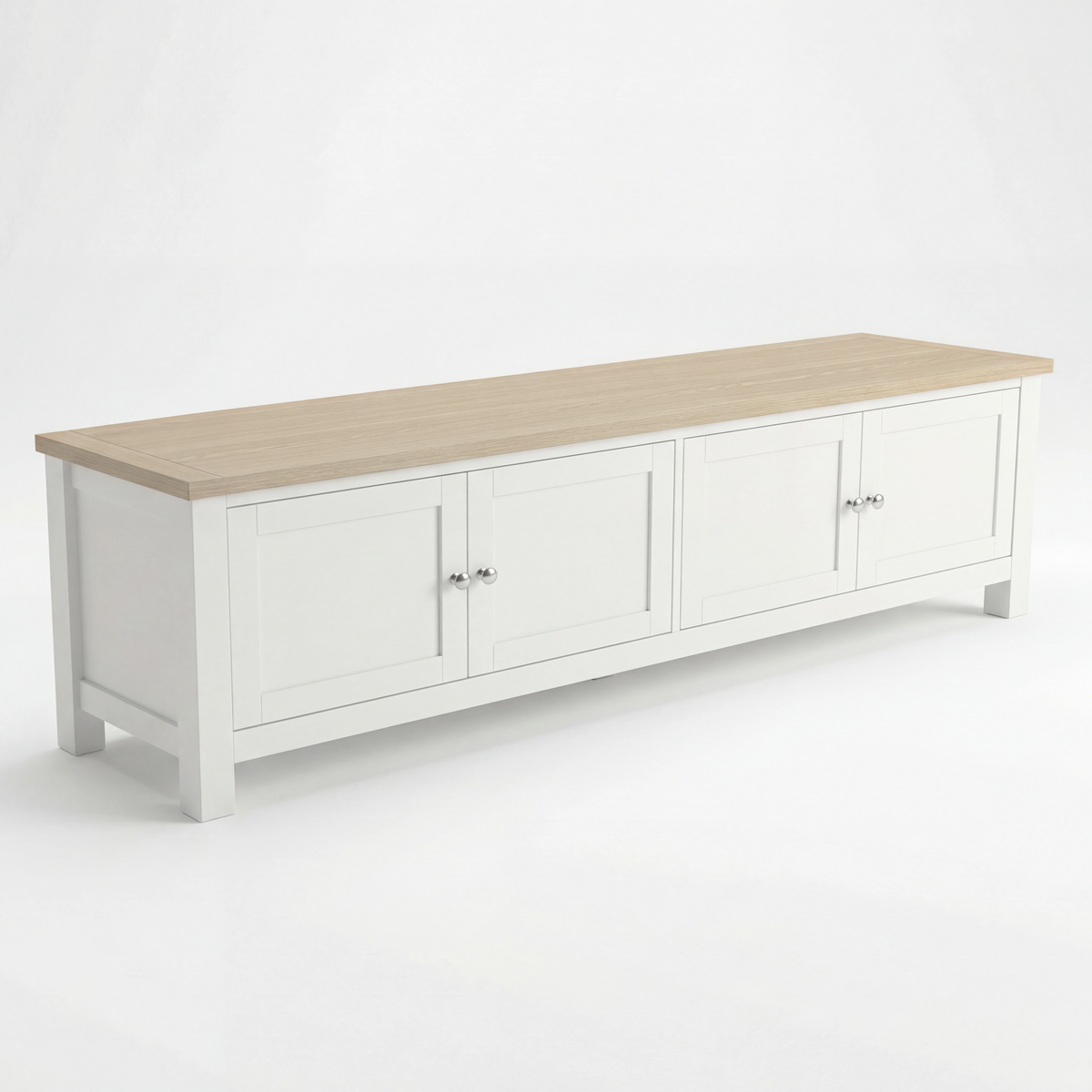 [White] Shaker TV unit 180cm front view on white background, 3 cabinet doors and open shelf, oak top