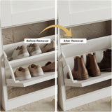 [White] before and after view of shoe cabinet drawer with internal shelf in place then shelf removed to fit ankle boots