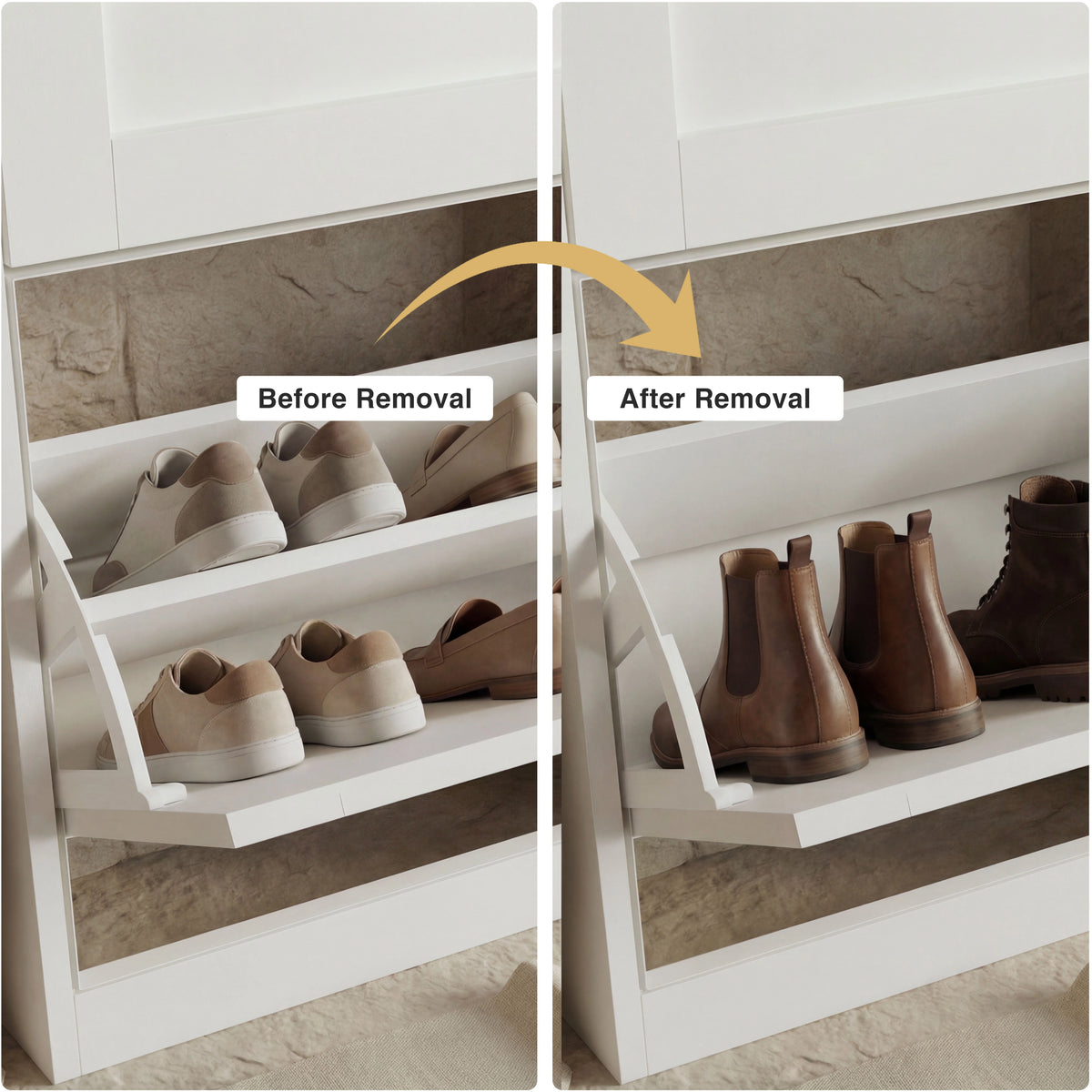 [White] before and after view of shoe cabinet drawer with internal shelf in place then shelf removed to fit ankle boots