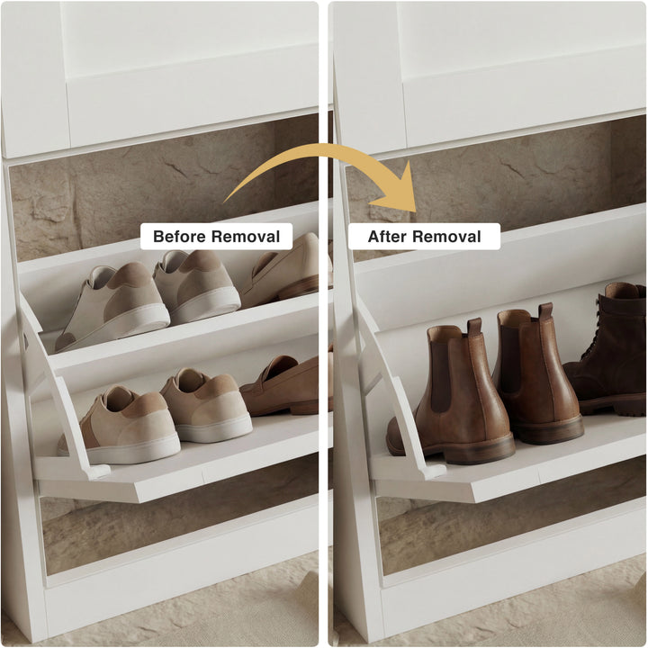 [White] before and after view of shoe cabinet drawer with internal shelf in place then shelf removed to fit ankle boots