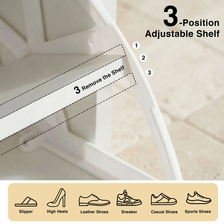 [White] White shoe cabinet adjustable shelf system with three height positions for varied footwear storage