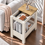 [White] Overhead view of open tabletop storage beside a sofa, a blossom vase on the other panel and books below.