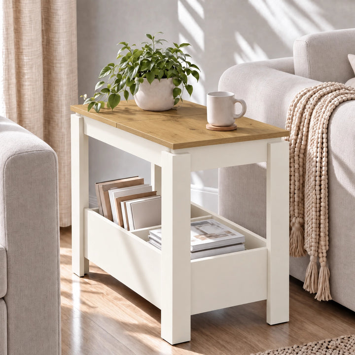 [White] Angled side table view showing a leafy plant and mug on the wood-effect top, with books in the lower compartments.
