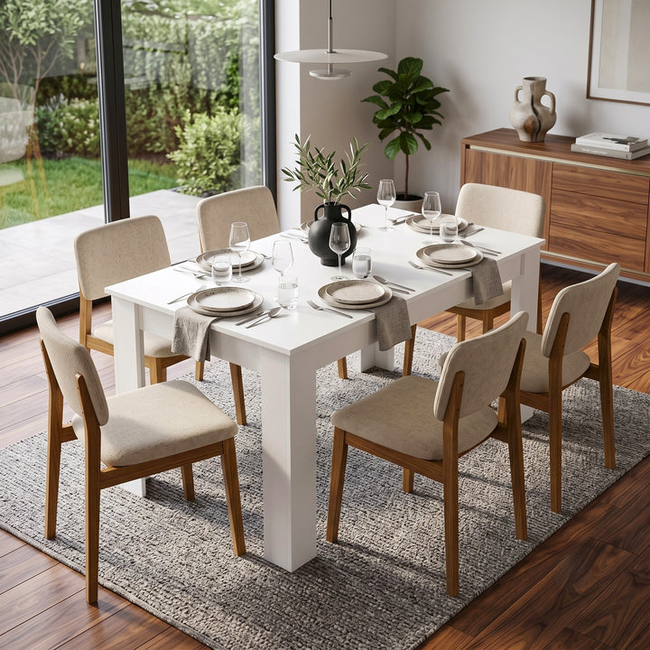 [140 cm | White] 6 Seater Dining Table Rectangle styled with comfortable beige fabric chairs natural woven pendant light.