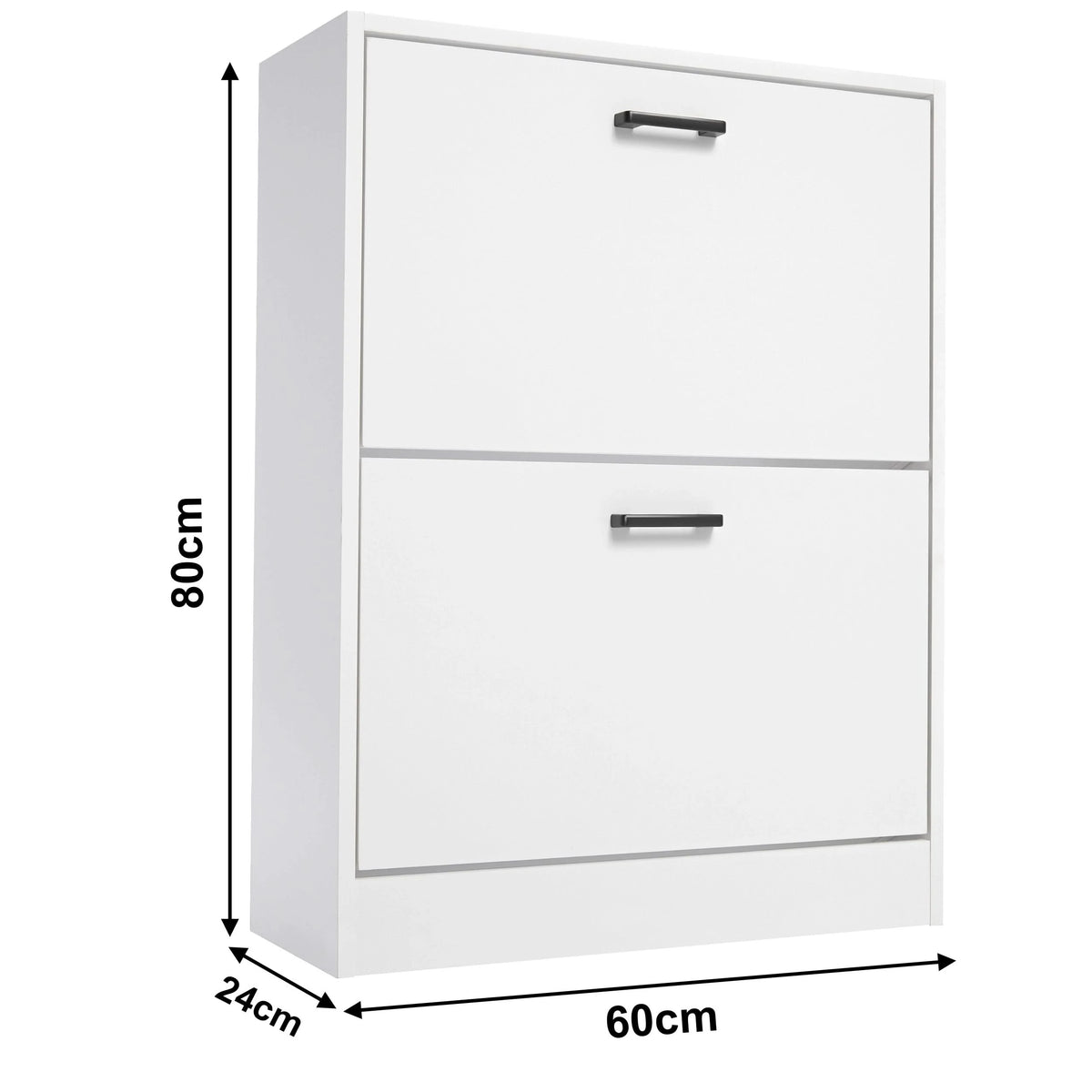 [White] Dimensions of slim shoe cabinet in white with side profile: width 60 cm, depth 24 cm, and height 80 cm.