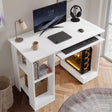 [White] Small Computer Desk with Storage high angle look showing a monitor, side shelving, and a glowing PC.