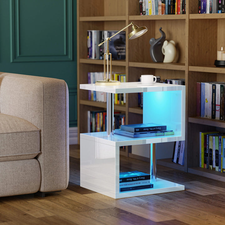 [White] side table with blue LED lighting in a living room setting