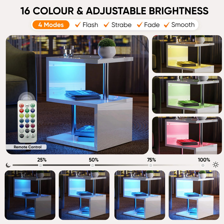 [White] White side table feature collage of LED colours, modes and brightness steps with remote control diagram