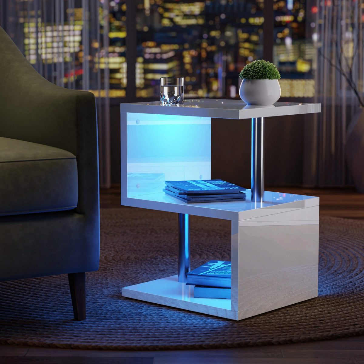 [White] White high gloss side table angled night-time shot beside green chair with skyline of lit buildings