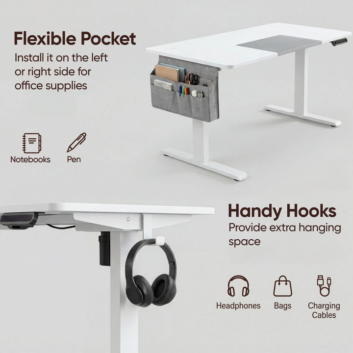 [120cm x 60cm] Pocket and hook detail on 120x60cm white electric standing desk with notebooks, pen and headphones