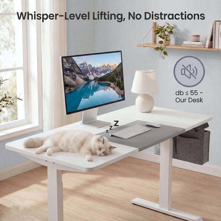 [120cm x 60cm] White electric standing desk 120x60cm with ginger cat asleep on top beside monitor, under 55 dB lift