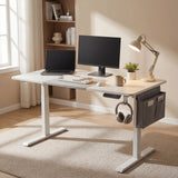 [120cm x 60cm] Lifestyle of 120x60cm white electric standing desk on cream rug with monitor, lamp and fabric pocket